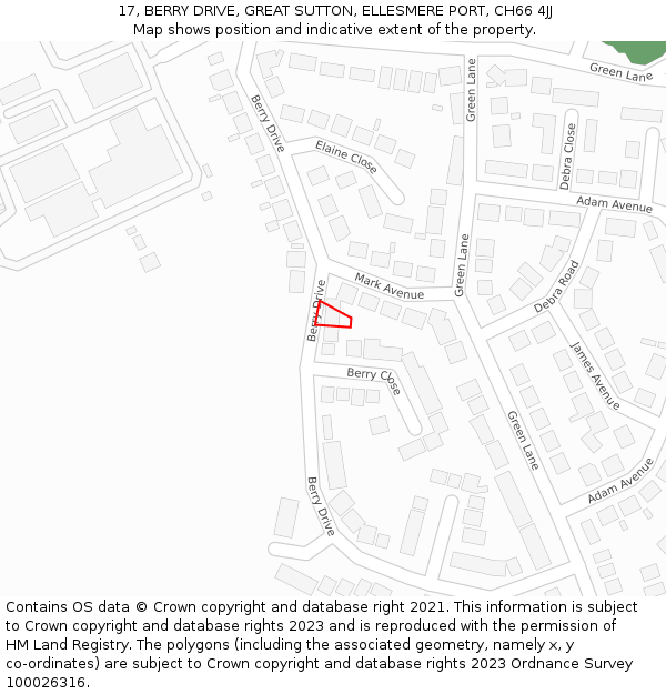 17, BERRY DRIVE, GREAT SUTTON, ELLESMERE PORT, CH66 4JJ: Location map and indicative extent of plot