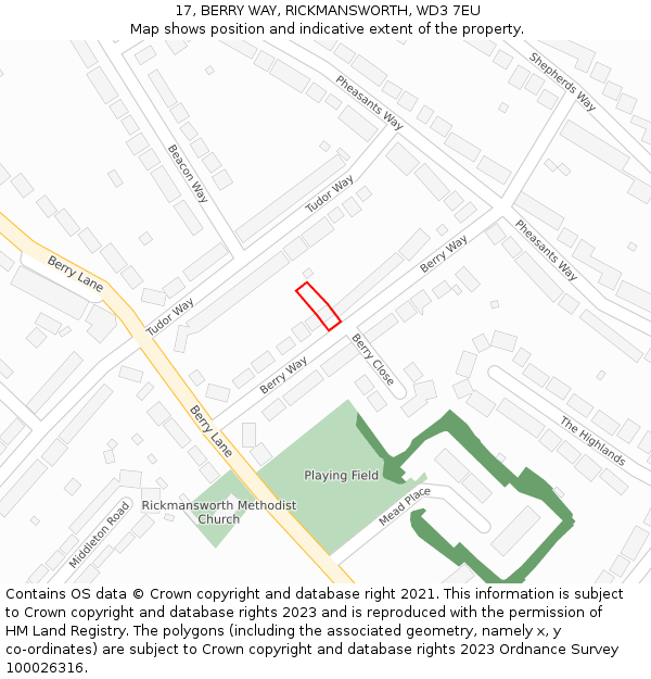 17, BERRY WAY, RICKMANSWORTH, WD3 7EU: Location map and indicative extent of plot