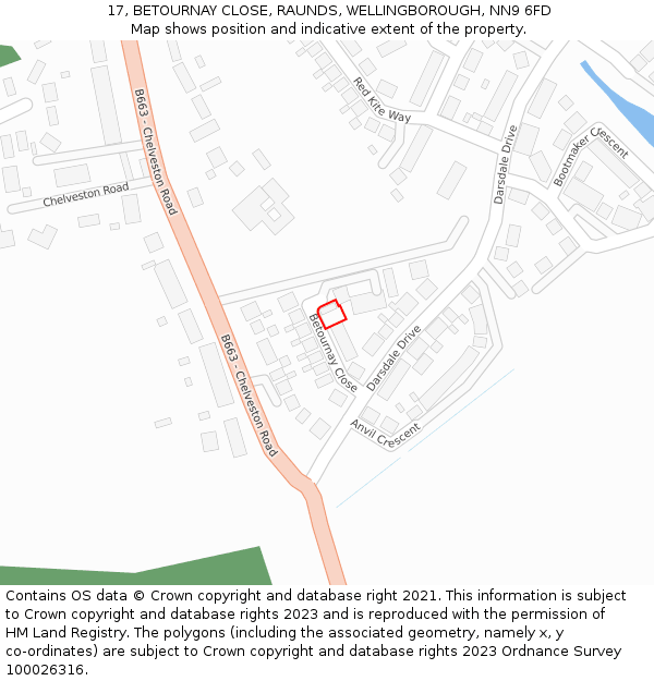 17, BETOURNAY CLOSE, RAUNDS, WELLINGBOROUGH, NN9 6FD: Location map and indicative extent of plot