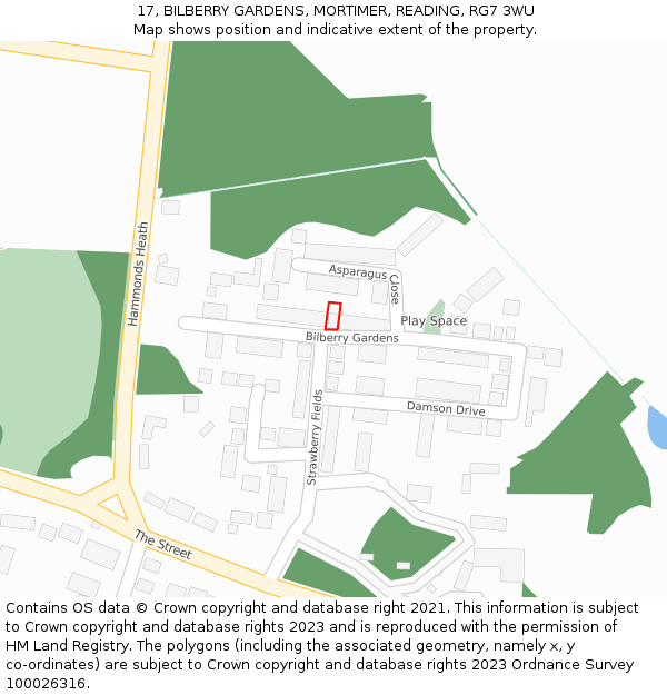 17, BILBERRY GARDENS, MORTIMER, READING, RG7 3WU: Location map and indicative extent of plot