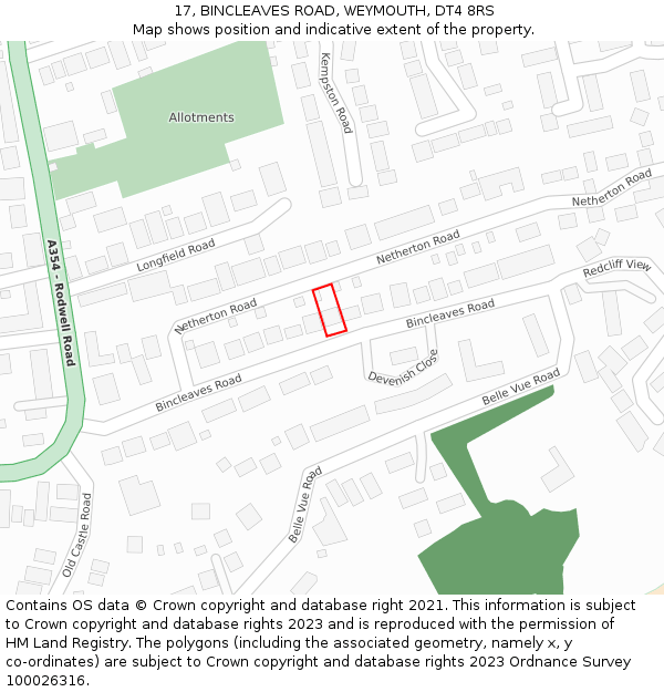 17, BINCLEAVES ROAD, WEYMOUTH, DT4 8RS: Location map and indicative extent of plot