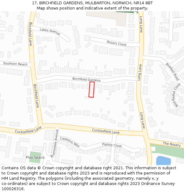 17, BIRCHFIELD GARDENS, MULBARTON, NORWICH, NR14 8BT: Location map and indicative extent of plot