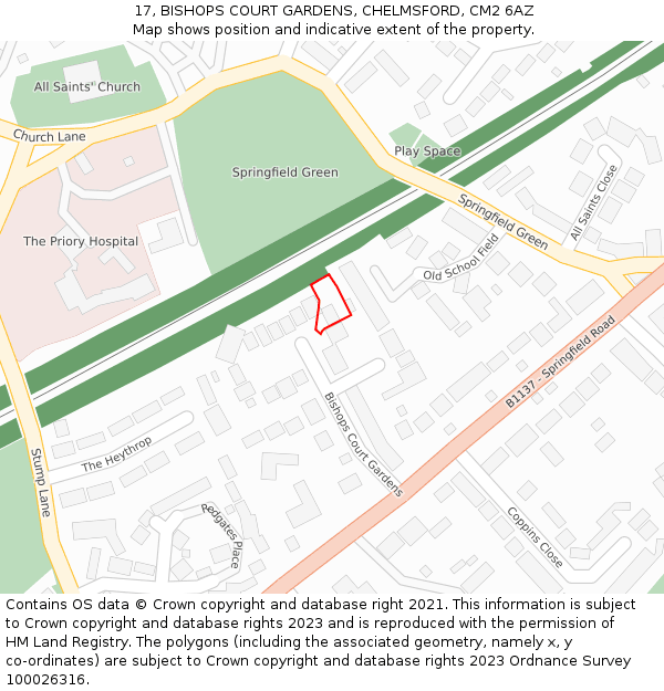 17, BISHOPS COURT GARDENS, CHELMSFORD, CM2 6AZ: Location map and indicative extent of plot