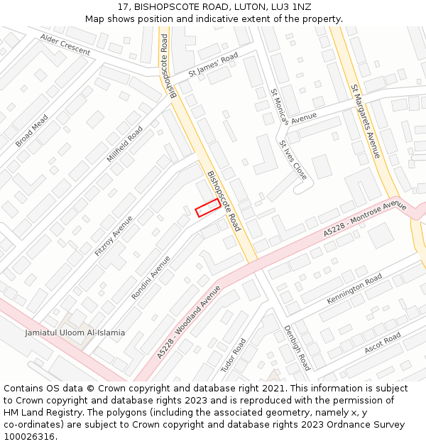 17, BISHOPSCOTE ROAD, LUTON, LU3 1NZ: Location map and indicative extent of plot