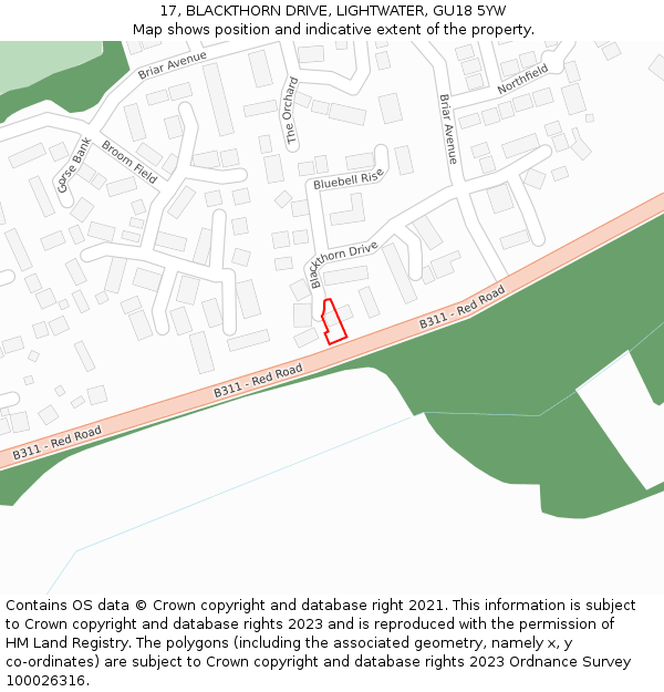 17, BLACKTHORN DRIVE, LIGHTWATER, GU18 5YW: Location map and indicative extent of plot