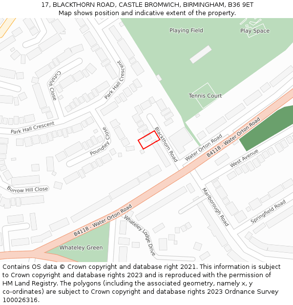 17, BLACKTHORN ROAD, CASTLE BROMWICH, BIRMINGHAM, B36 9ET: Location map and indicative extent of plot