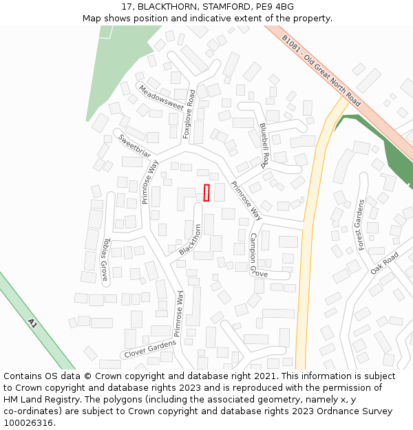 17, BLACKTHORN, STAMFORD, PE9 4BG: Location map and indicative extent of plot