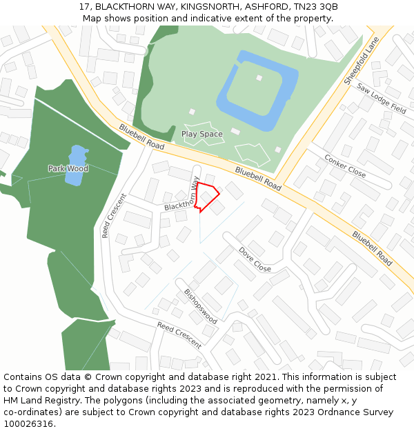 17, BLACKTHORN WAY, KINGSNORTH, ASHFORD, TN23 3QB: Location map and indicative extent of plot