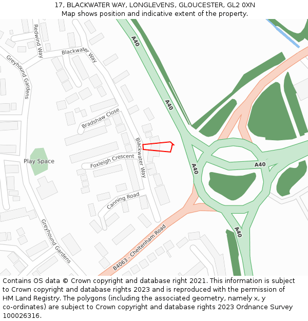 17, BLACKWATER WAY, LONGLEVENS, GLOUCESTER, GL2 0XN: Location map and indicative extent of plot