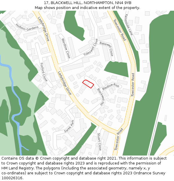 17, BLACKWELL HILL, NORTHAMPTON, NN4 9YB: Location map and indicative extent of plot