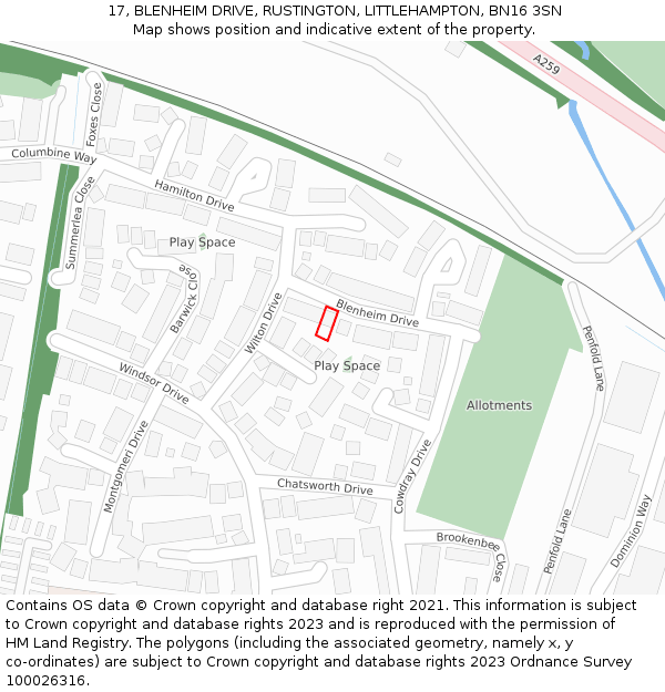 17, BLENHEIM DRIVE, RUSTINGTON, LITTLEHAMPTON, BN16 3SN: Location map and indicative extent of plot