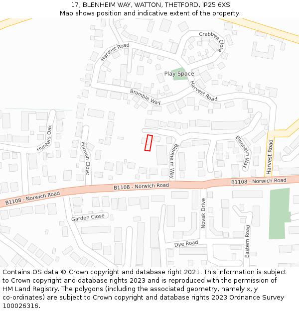 17, BLENHEIM WAY, WATTON, THETFORD, IP25 6XS: Location map and indicative extent of plot