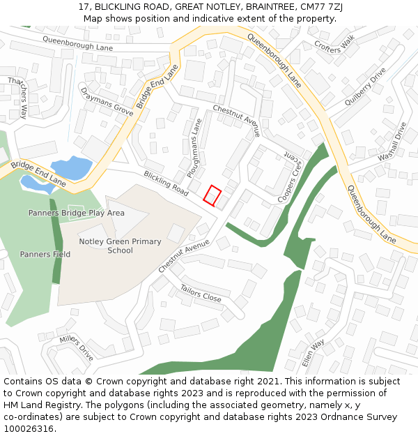 17, BLICKLING ROAD, GREAT NOTLEY, BRAINTREE, CM77 7ZJ: Location map and indicative extent of plot