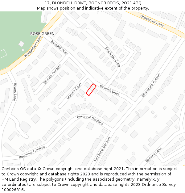 17, BLONDELL DRIVE, BOGNOR REGIS, PO21 4BQ: Location map and indicative extent of plot