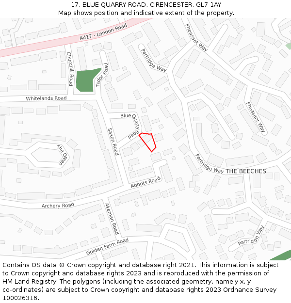 17, BLUE QUARRY ROAD, CIRENCESTER, GL7 1AY: Location map and indicative extent of plot