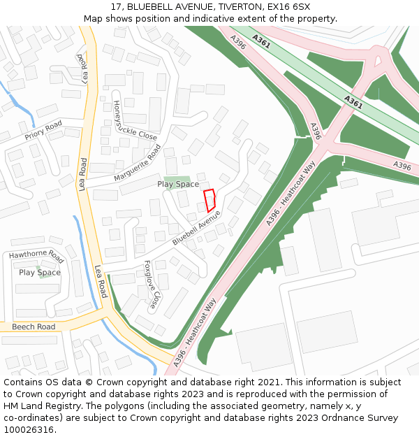 17, BLUEBELL AVENUE, TIVERTON, EX16 6SX: Location map and indicative extent of plot