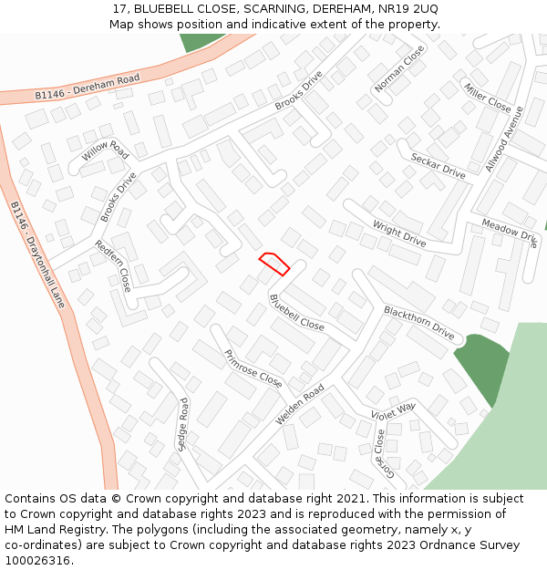 17, BLUEBELL CLOSE, SCARNING, DEREHAM, NR19 2UQ: Location map and indicative extent of plot