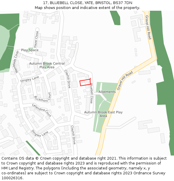 17, BLUEBELL CLOSE, YATE, BRISTOL, BS37 7DN: Location map and indicative extent of plot