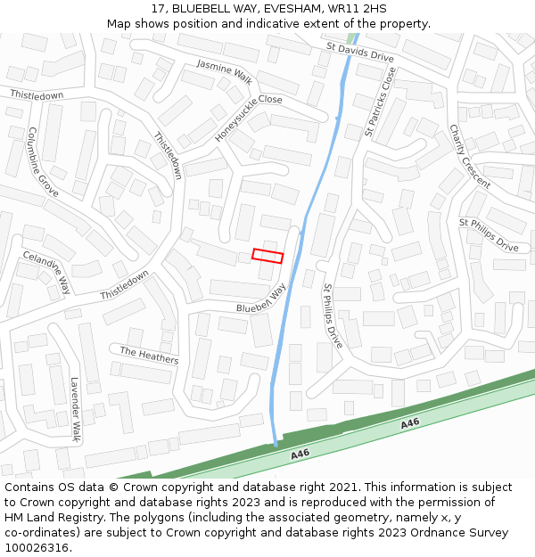 17, BLUEBELL WAY, EVESHAM, WR11 2HS: Location map and indicative extent of plot