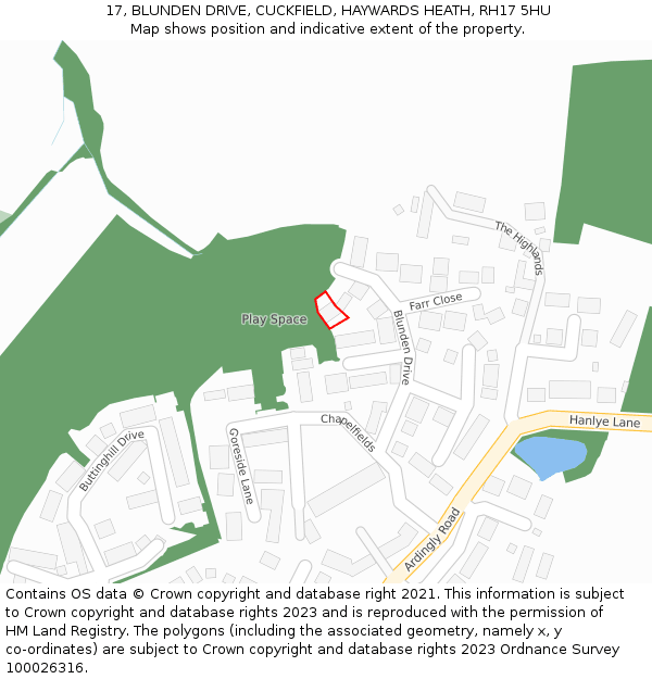 17, BLUNDEN DRIVE, CUCKFIELD, HAYWARDS HEATH, RH17 5HU: Location map and indicative extent of plot