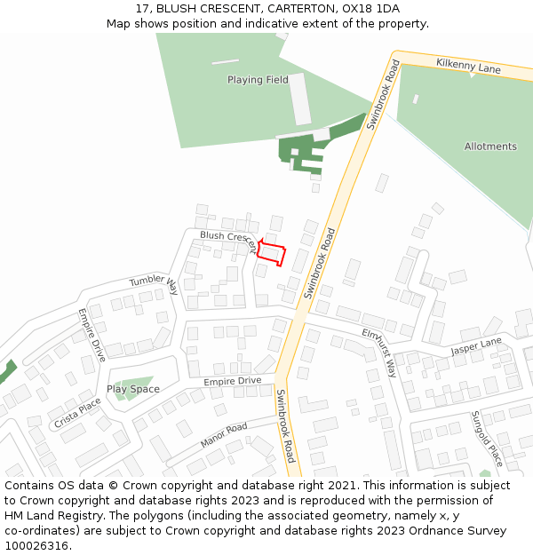 17, BLUSH CRESCENT, CARTERTON, OX18 1DA: Location map and indicative extent of plot