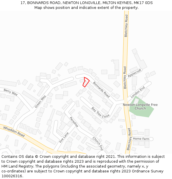 17, BONNARDS ROAD, NEWTON LONGVILLE, MILTON KEYNES, MK17 0DS: Location map and indicative extent of plot