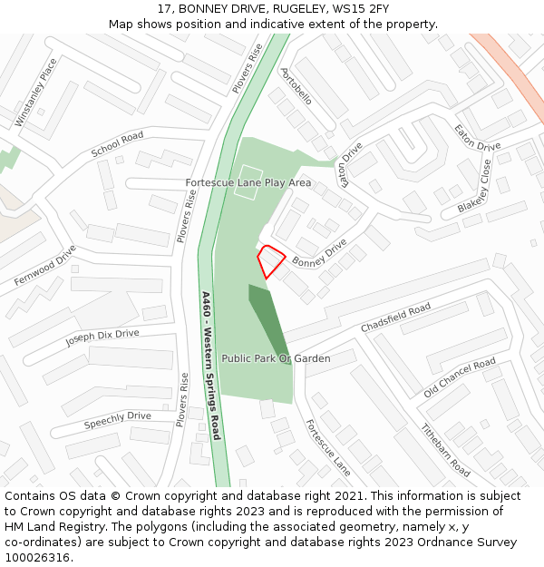 17, BONNEY DRIVE, RUGELEY, WS15 2FY: Location map and indicative extent of plot