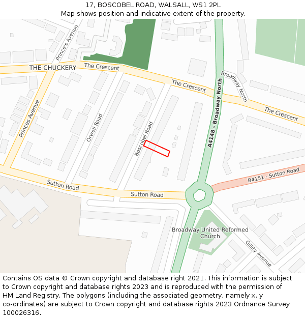 17, BOSCOBEL ROAD, WALSALL, WS1 2PL: Location map and indicative extent of plot