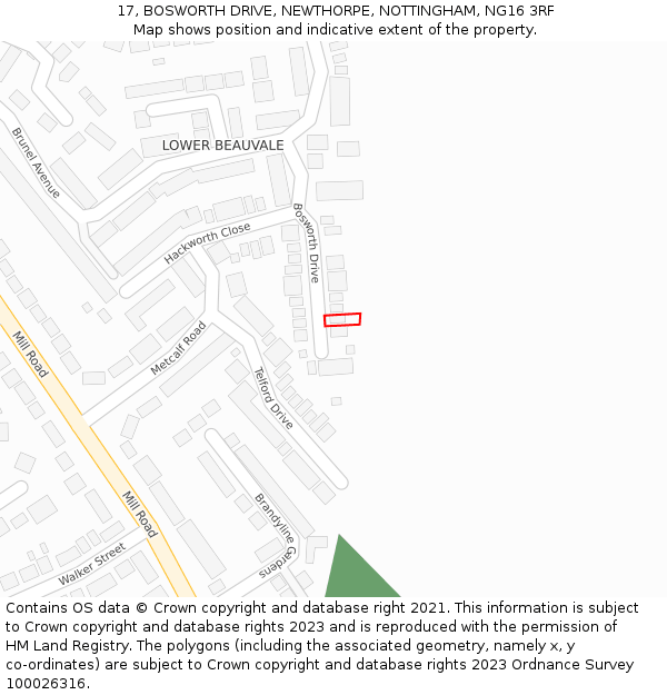 17, BOSWORTH DRIVE, NEWTHORPE, NOTTINGHAM, NG16 3RF: Location map and indicative extent of plot