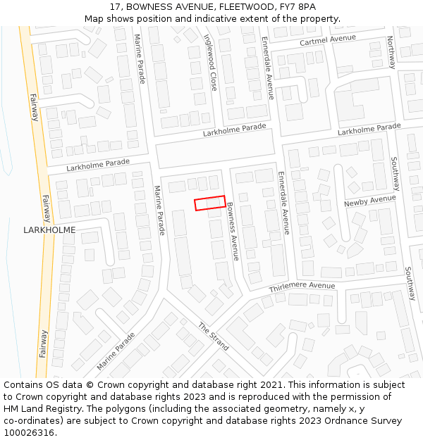 17, BOWNESS AVENUE, FLEETWOOD, FY7 8PA: Location map and indicative extent of plot