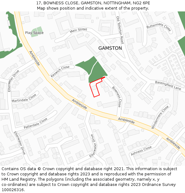 17, BOWNESS CLOSE, GAMSTON, NOTTINGHAM, NG2 6PE: Location map and indicative extent of plot