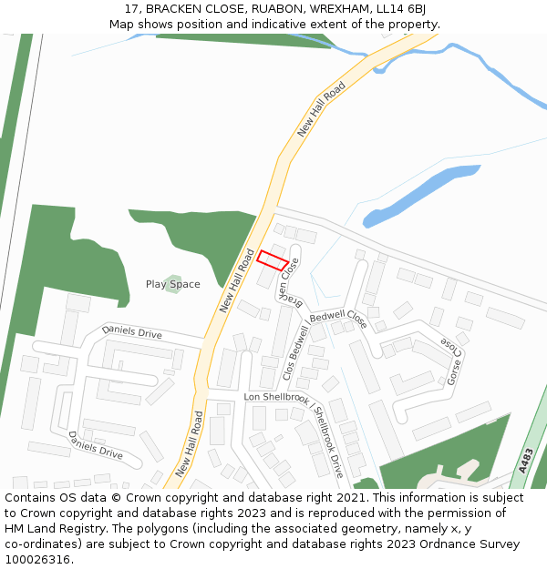 17, BRACKEN CLOSE, RUABON, WREXHAM, LL14 6BJ: Location map and indicative extent of plot