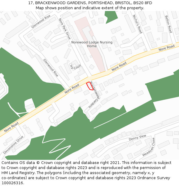 17, BRACKENWOOD GARDENS, PORTISHEAD, BRISTOL, BS20 8FD: Location map and indicative extent of plot