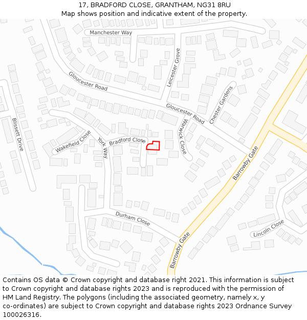 17, BRADFORD CLOSE, GRANTHAM, NG31 8RU: Location map and indicative extent of plot