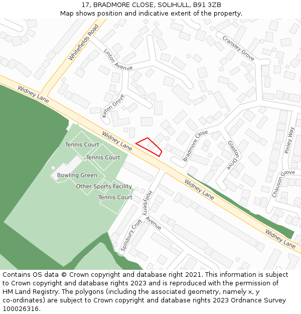 17, BRADMORE CLOSE, SOLIHULL, B91 3ZB: Location map and indicative extent of plot