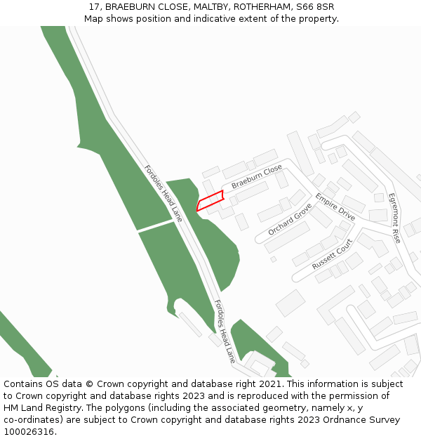 17, BRAEBURN CLOSE, MALTBY, ROTHERHAM, S66 8SR: Location map and indicative extent of plot
