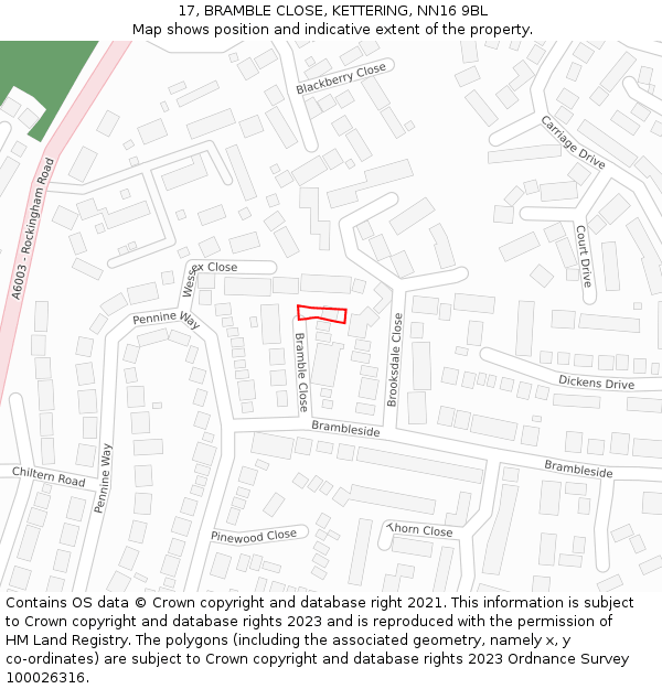 17, BRAMBLE CLOSE, KETTERING, NN16 9BL: Location map and indicative extent of plot