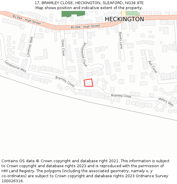 17, BRAMLEY CLOSE, HECKINGTON, SLEAFORD, NG34 9TE: Location map and indicative extent of plot