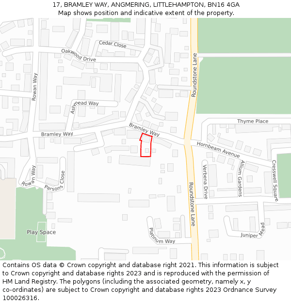 17, BRAMLEY WAY, ANGMERING, LITTLEHAMPTON, BN16 4GA: Location map and indicative extent of plot