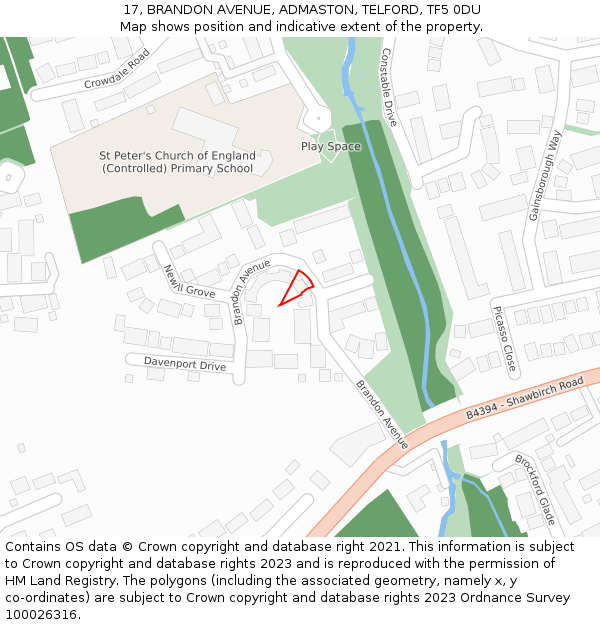17, BRANDON AVENUE, ADMASTON, TELFORD, TF5 0DU: Location map and indicative extent of plot