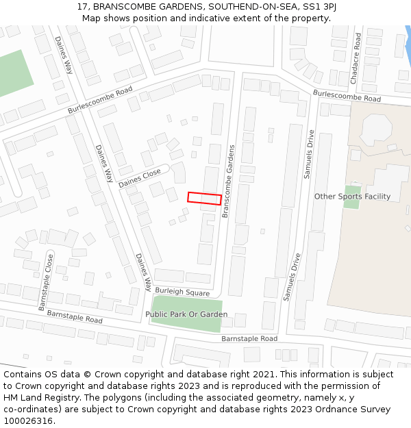 17, BRANSCOMBE GARDENS, SOUTHEND-ON-SEA, SS1 3PJ: Location map and indicative extent of plot