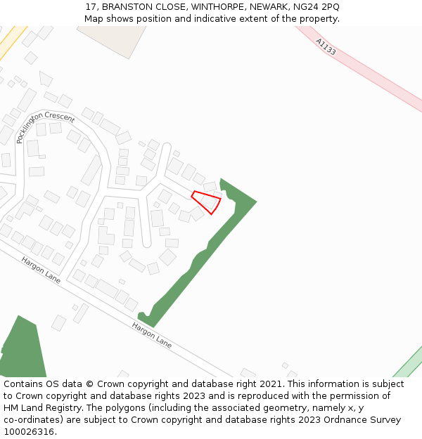 17, BRANSTON CLOSE, WINTHORPE, NEWARK, NG24 2PQ: Location map and indicative extent of plot