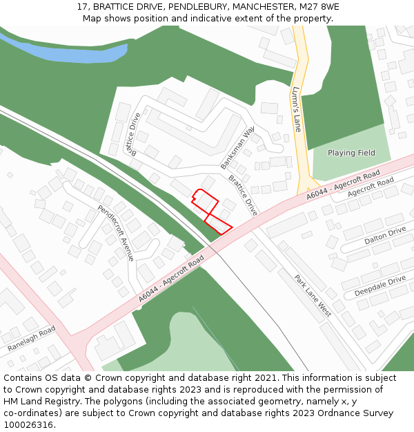 17, BRATTICE DRIVE, PENDLEBURY, MANCHESTER, M27 8WE: Location map and indicative extent of plot