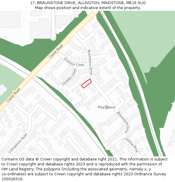 17, BRAUNSTONE DRIVE, ALLINGTON, MAIDSTONE, ME16 0UG: Location map and indicative extent of plot