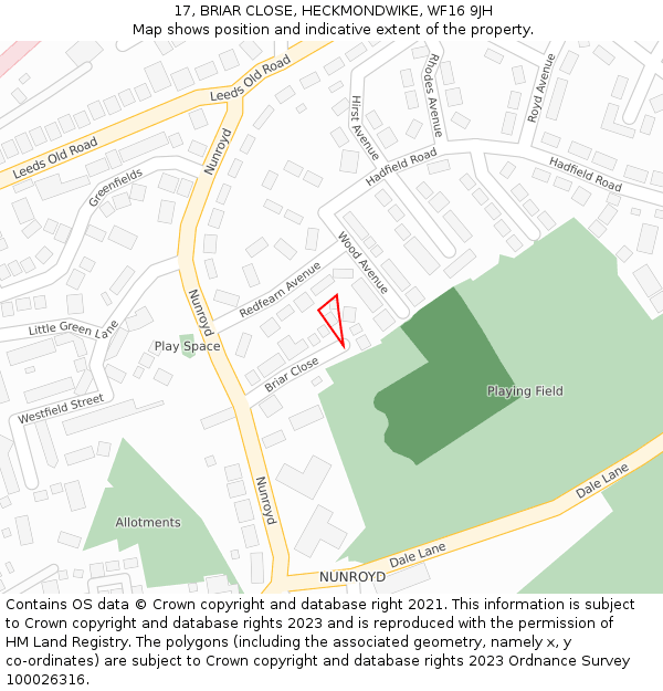 17, BRIAR CLOSE, HECKMONDWIKE, WF16 9JH: Location map and indicative extent of plot