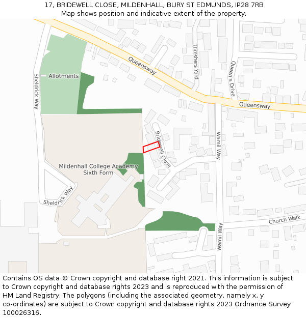 17, BRIDEWELL CLOSE, MILDENHALL, BURY ST EDMUNDS, IP28 7RB: Location map and indicative extent of plot