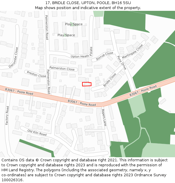 17, BRIDLE CLOSE, UPTON, POOLE, BH16 5SU: Location map and indicative extent of plot