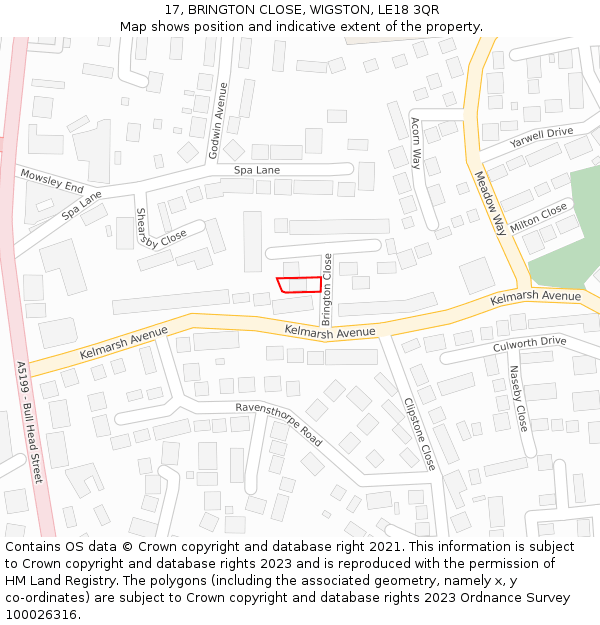 17, BRINGTON CLOSE, WIGSTON, LE18 3QR: Location map and indicative extent of plot