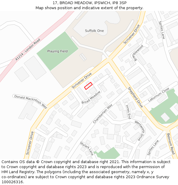 17, BROAD MEADOW, IPSWICH, IP8 3SP: Location map and indicative extent of plot