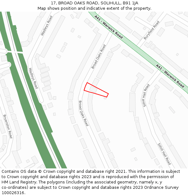 17, BROAD OAKS ROAD, SOLIHULL, B91 1JA: Location map and indicative extent of plot